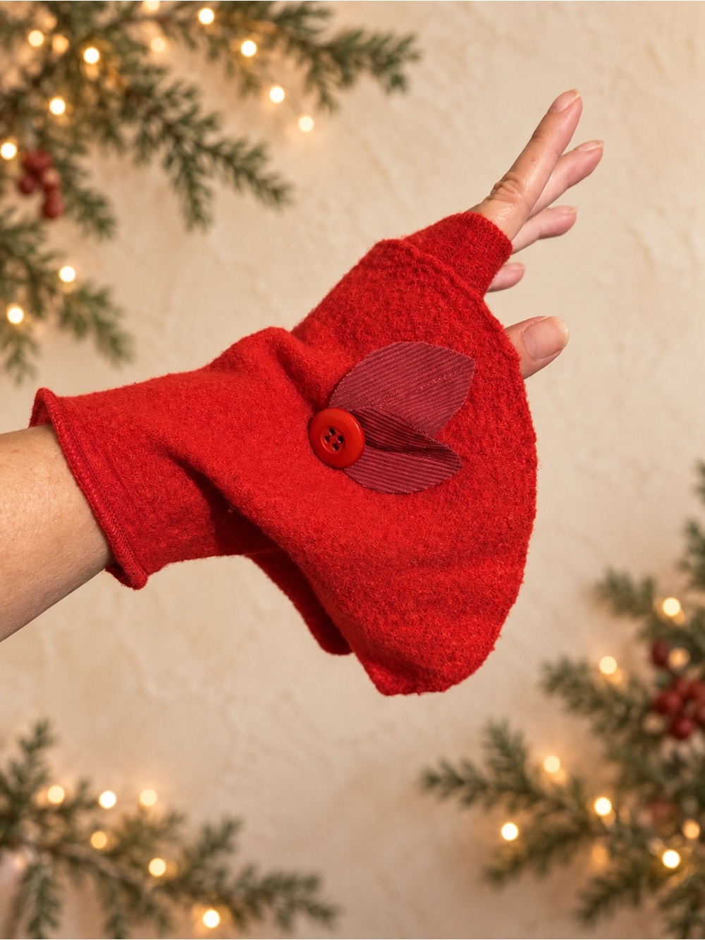 Red Fingerless Wool Blend Mittens with Leaf Button Accent